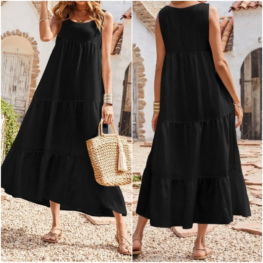Black Flowy Ruffle Hem Maxi Dress - Picture 2 of 4
